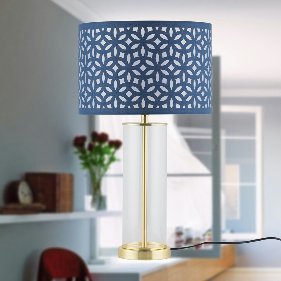 image 1 of Set of 2 Aura - Satin Brass Lamps with Navy Blue Cut Out Shades Bronze | Blue