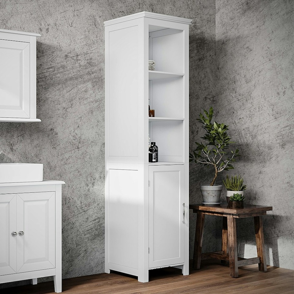 image 1 of Living and Home Rustic & 3 Shelves Freestanding Bathroom Tall Cabinet - White