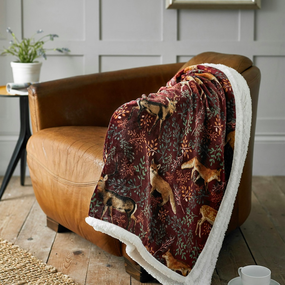 image 1 of Fox and Deer Soft Fleece Throw - 140 x 180cm Cosy Sherpa Blanket Red | Mulberry