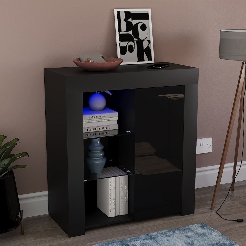 image 1 of Vida Designs Azura 1 Door LED Sideboard Buffet Cabinet Storage, Black | Black | 1