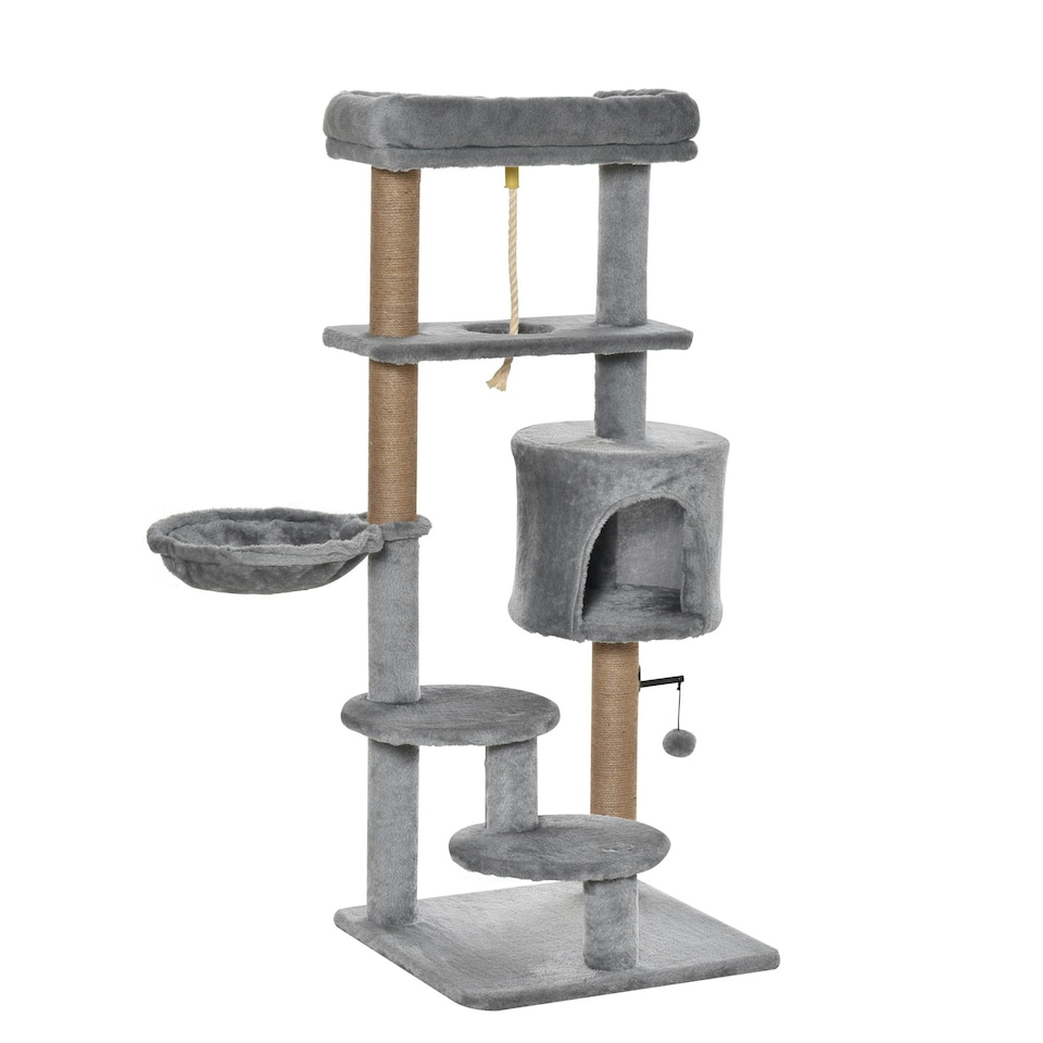 image 1 of PawHut 120cm Cat Tree Tower with Scratch Post Perch Hammock Condo Light Grey