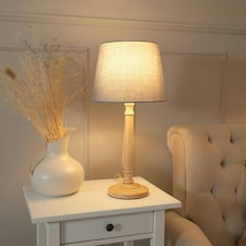 ValueLights Victoria Light Wood Traditional Stem Table Lamp with Grey Fabric Tapered Shade