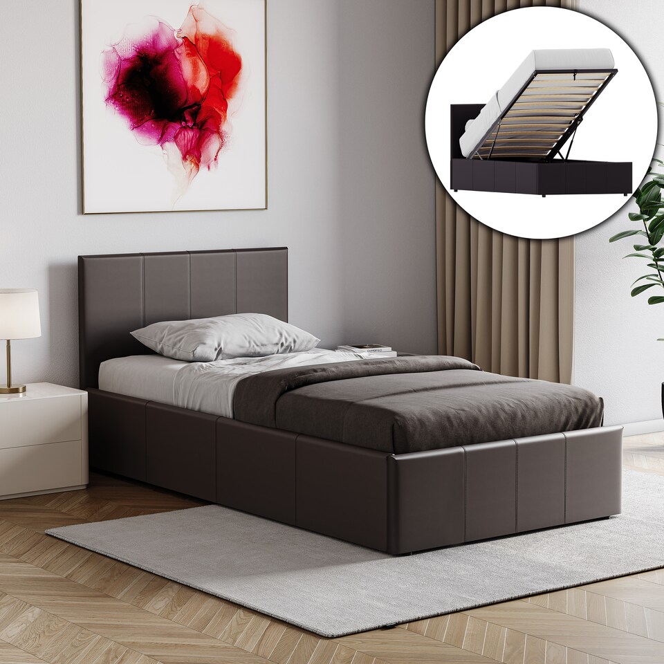 image 1 of Vida Designs Lisbon Single Ottoman Faux Leather Bed, Brown & Gel Memory Foam Pocket Spring Mattress, Single