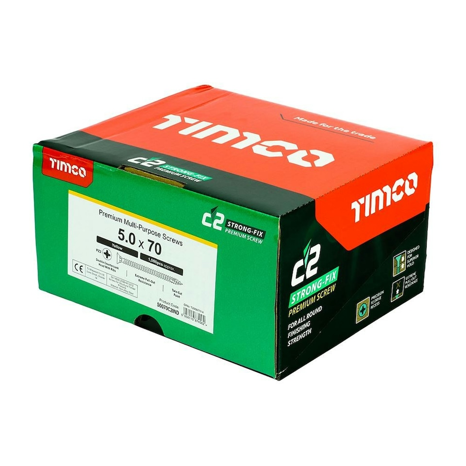 image 1 of Timco - C2 Strong-Fix Multi-Purpose Premium Screws - Industry Pack - PZ - Double Countersunk - Yellow (Size 5.0 x 70 - 1000 Pieces)