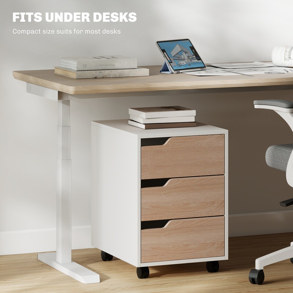 image 1 of HOMCOM 3 Drawer Mobile File Cabinet, Vertical Filing Cabinet with Wheels for Home Office, Oak