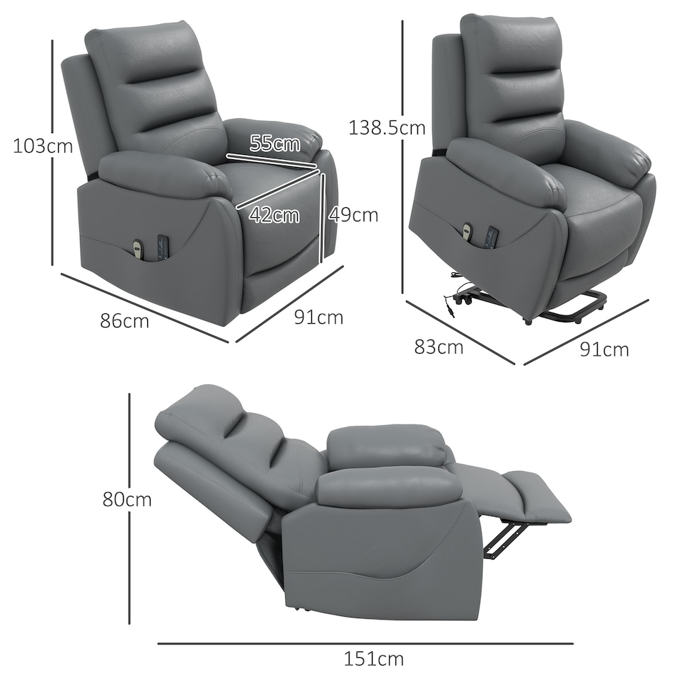 image 1 of HOMCOM Electric Riser and Recliner for Elderly with 8 Vibration Massage, PU Leather Power Lift Recliner Chair for Living Room with Side Pockets, Footrest, Grey | Grey | Grey