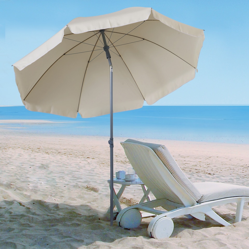 image 1 of Outsunny 2.2m Beach Umbrella, Portable Parasol with Tilting Function, Outdoor Sunshade Shelter with 8 Ribs for Garden, Pool and Patio, Cream White