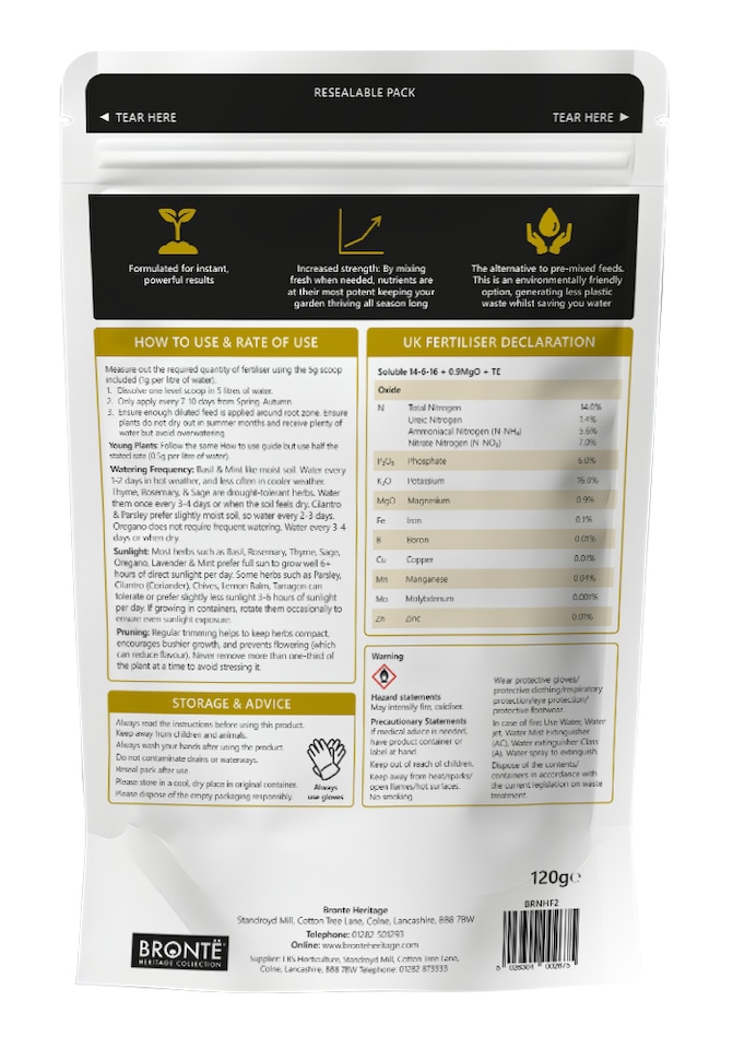 image 1 of Bronte Heritage Herb Feed Plant Food for Kitchen Gardens Enhances Flavour and Aroma Suitable for Potted and Bedded Herbs - 120g