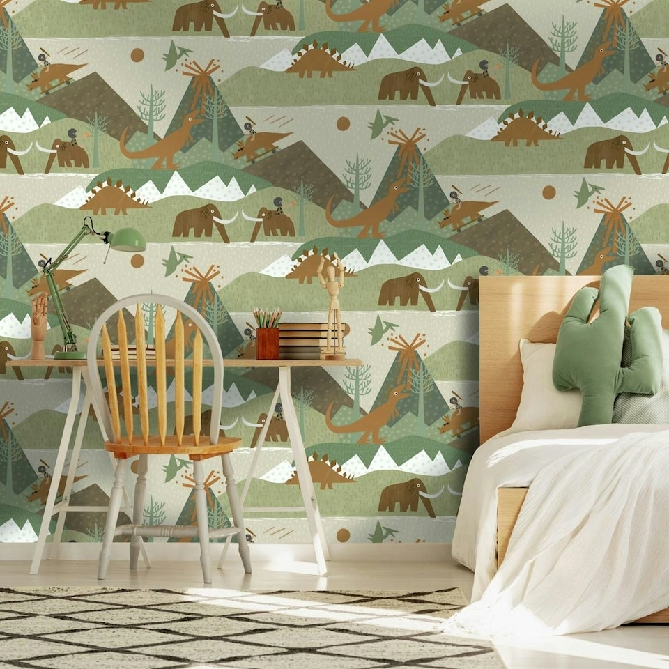 image 1 of Holden Décor Prehistoric Dinosaur Wallpaper - Green/Orange/Brown - One Size Green