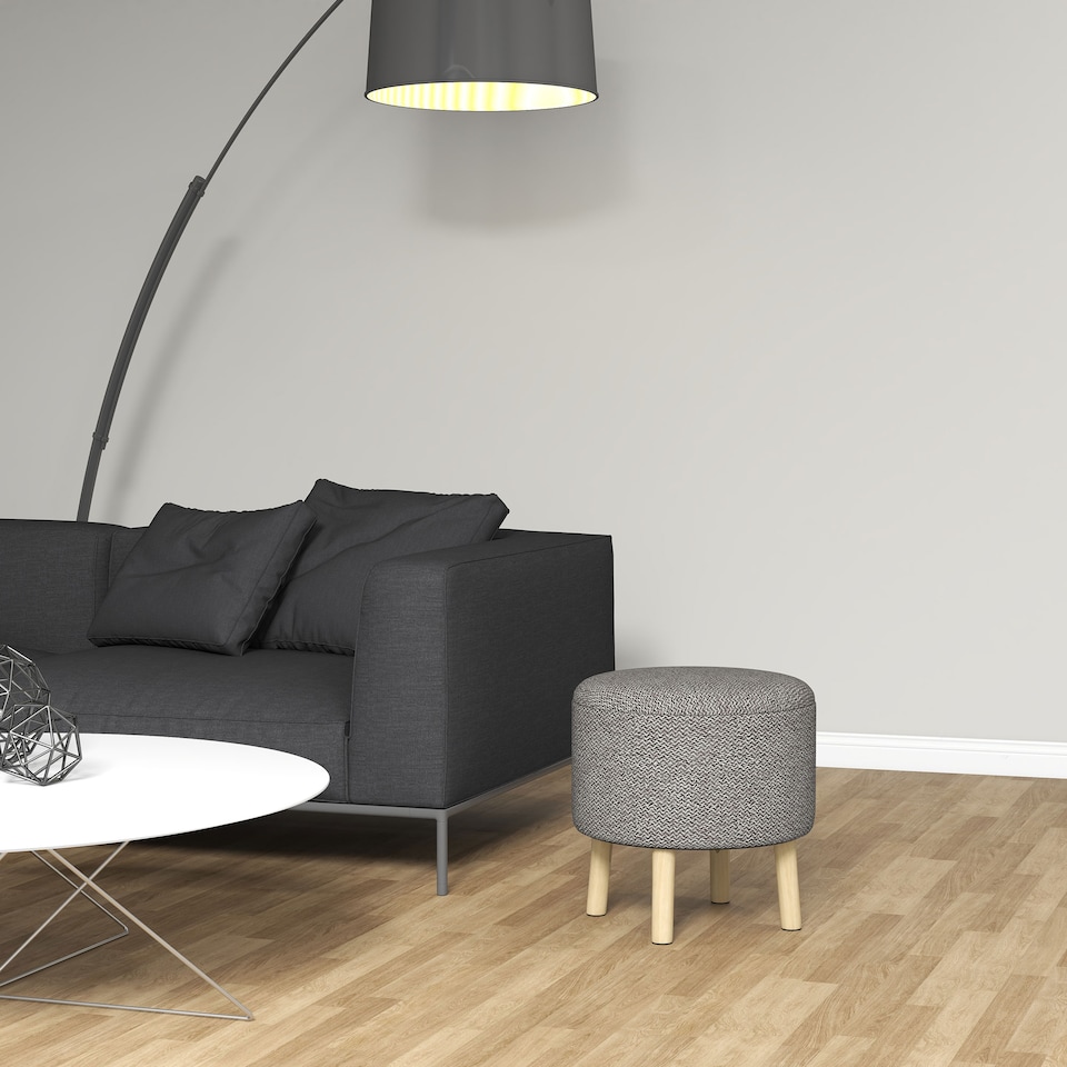 image 1 of HOMCOM Round Storage Stool, Linen Fabric Upholstered Foot Stool with Removable Top, Padded Seat, Hidden Space and Wooden Legs for Living Room, Light Grey