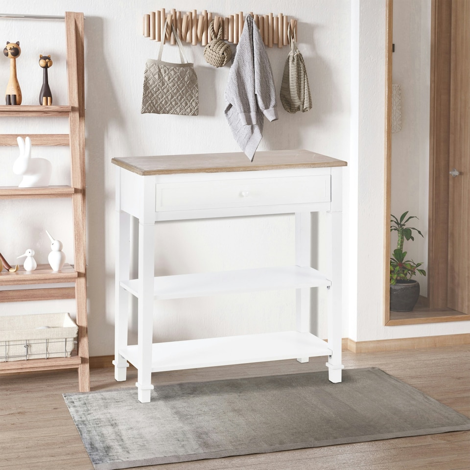 image 1 of HOMCOM 80x75cm Console Table w/ Drawer 2 Shelves Worktop Handle Retro White White | White