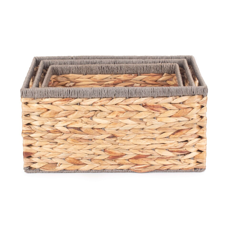 image 1 of Set of 3 Water Hyacinth With Grey Rope Border Rectangular Storage Basket | Brown | Brown | Not provided