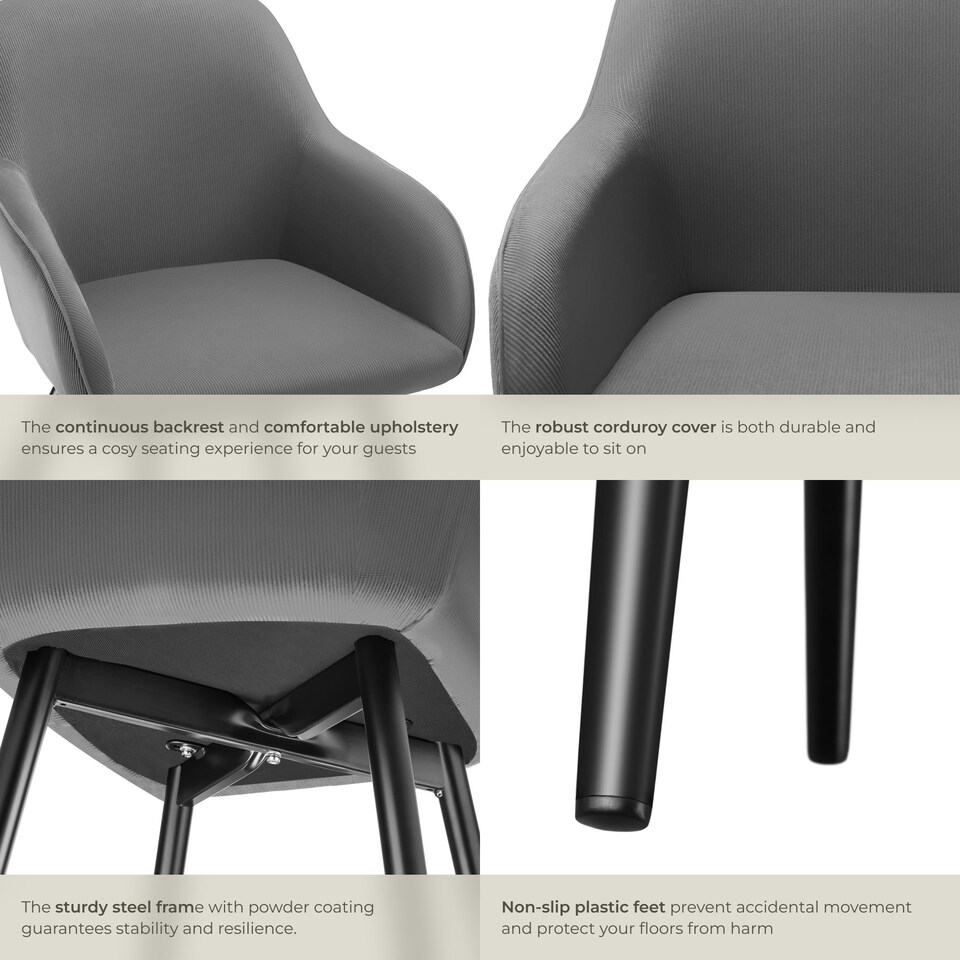 image 1 of Dining Chair Marilyn - corduroy look, upholstered, armchair, continuous backrest - per piece Grey | Grey/Black