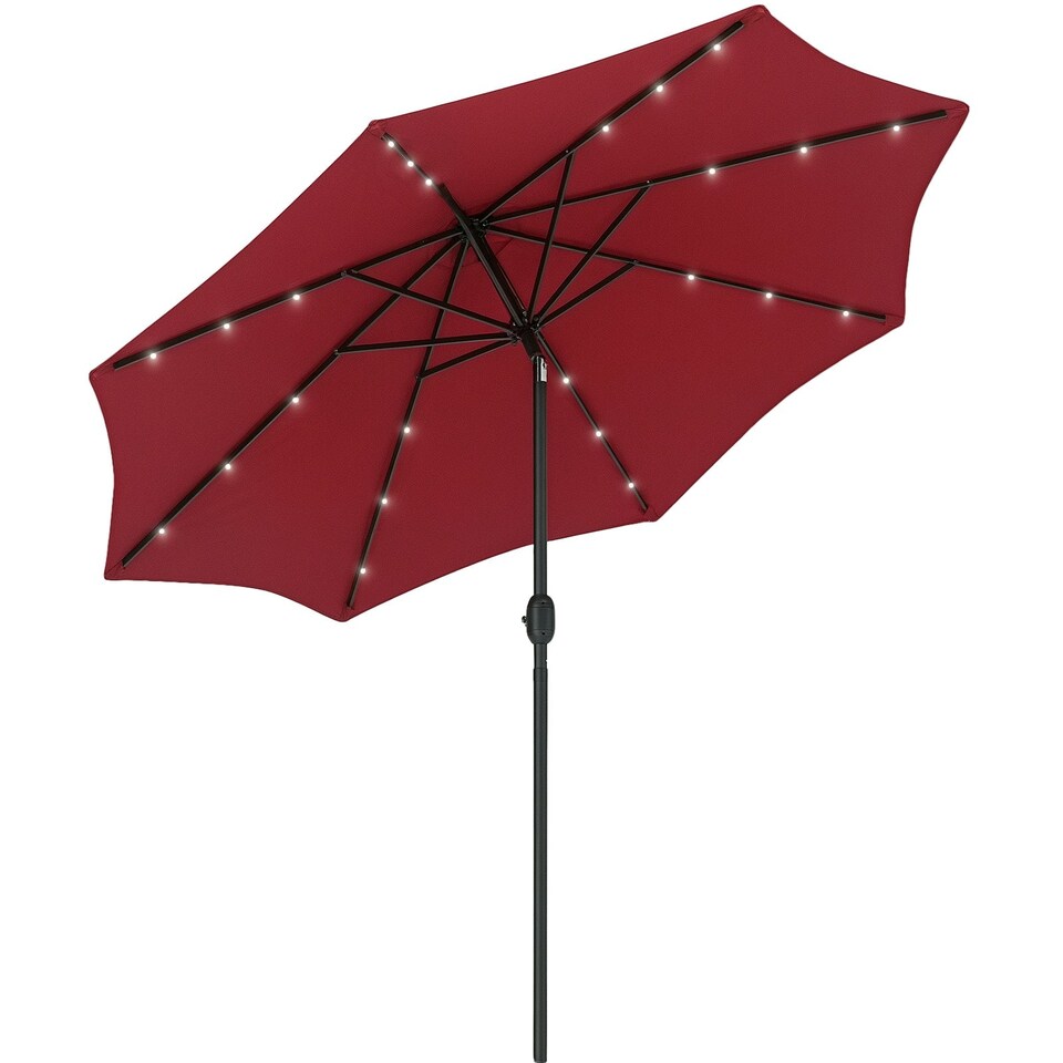 image 1 of Outsunny 2.7m Patio Garden Umbrella Outdoor Parasol Outdoor Market Table Umbrella with Tilt Crank and 24 LEDs Lights Wine Red