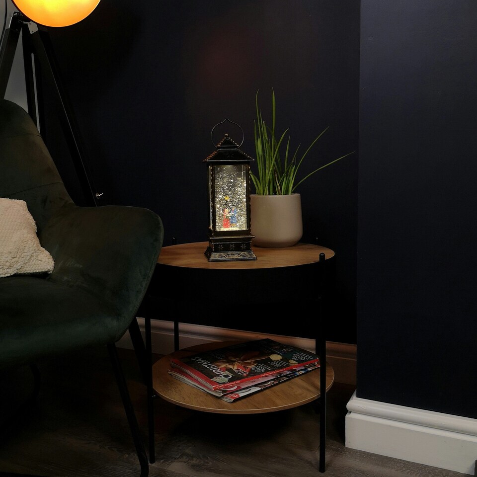 image 1 of 27cm Dual Power Light up Christmas Glitter Water Spinner Rustic Lantern Carol Singing Scene with LEDs