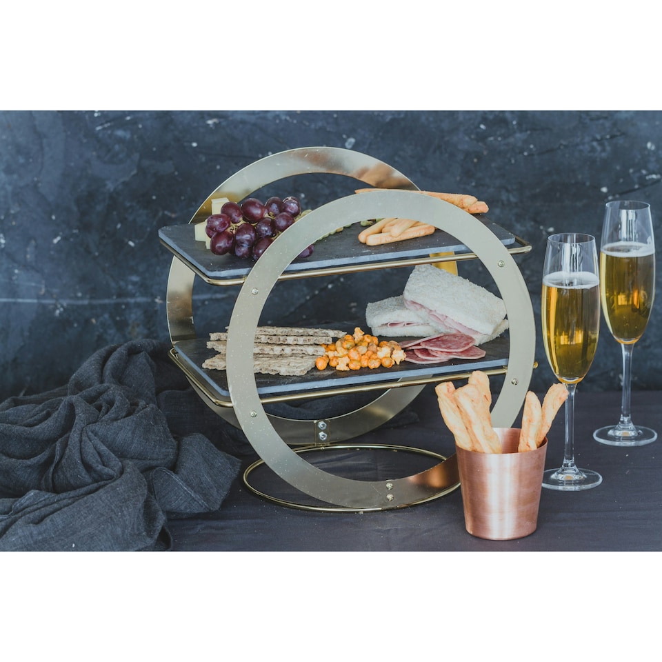 image 1 of Artesà 2-Tier Brass Geometric Serving Stand with Slate Black