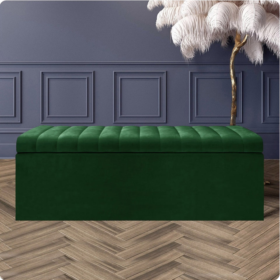image 1 of 120cm Safar Large Striped Storage Ottoman Box, Forest Green Plush Velvet Upholstered Deep Storage Ottoman End of Bed Bench
