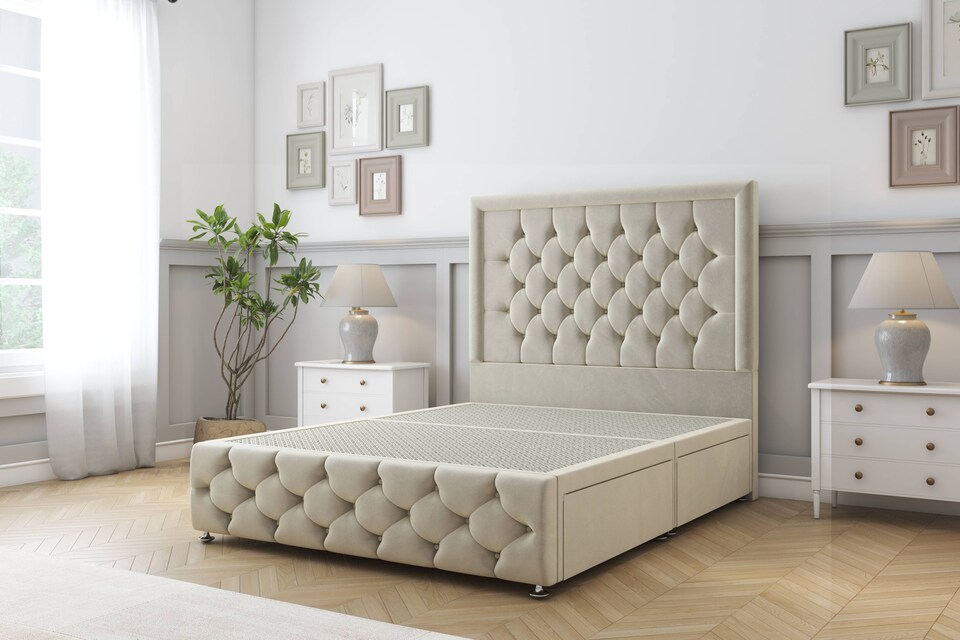 image 1 of Sloomy Vienna Cream Plush Divan Bed Base 2 Drawers Foot-End With 54 Inch Floor Standing Headboard & 12 Inch Matching Footboard | Cream | Cream | Double | 1