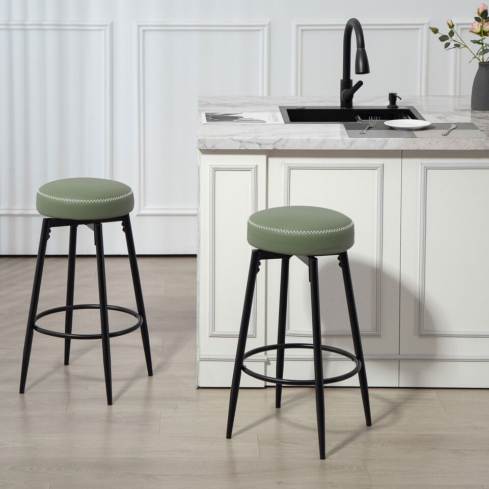 image 1 of HOMCOM 360 Degree Swivel Bar Stools Set of 2, Kitchen Counter Stools with Footrest, Faux Leather with Stitching, Modern Barstools for Breakfast Island, 69 cm Tall, Green | Green | Green