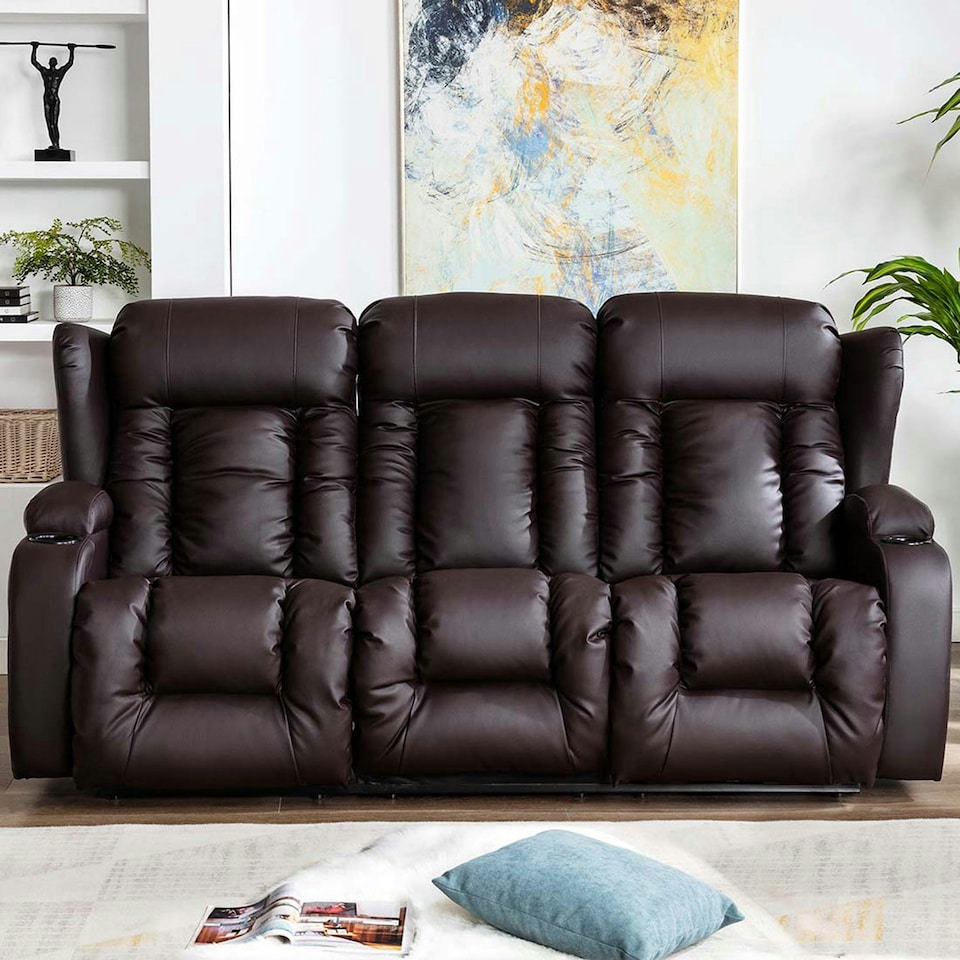 image 1 of Caesar 3 Seater Electric High Back Bonded Leather Recliner Sofa (Brown)