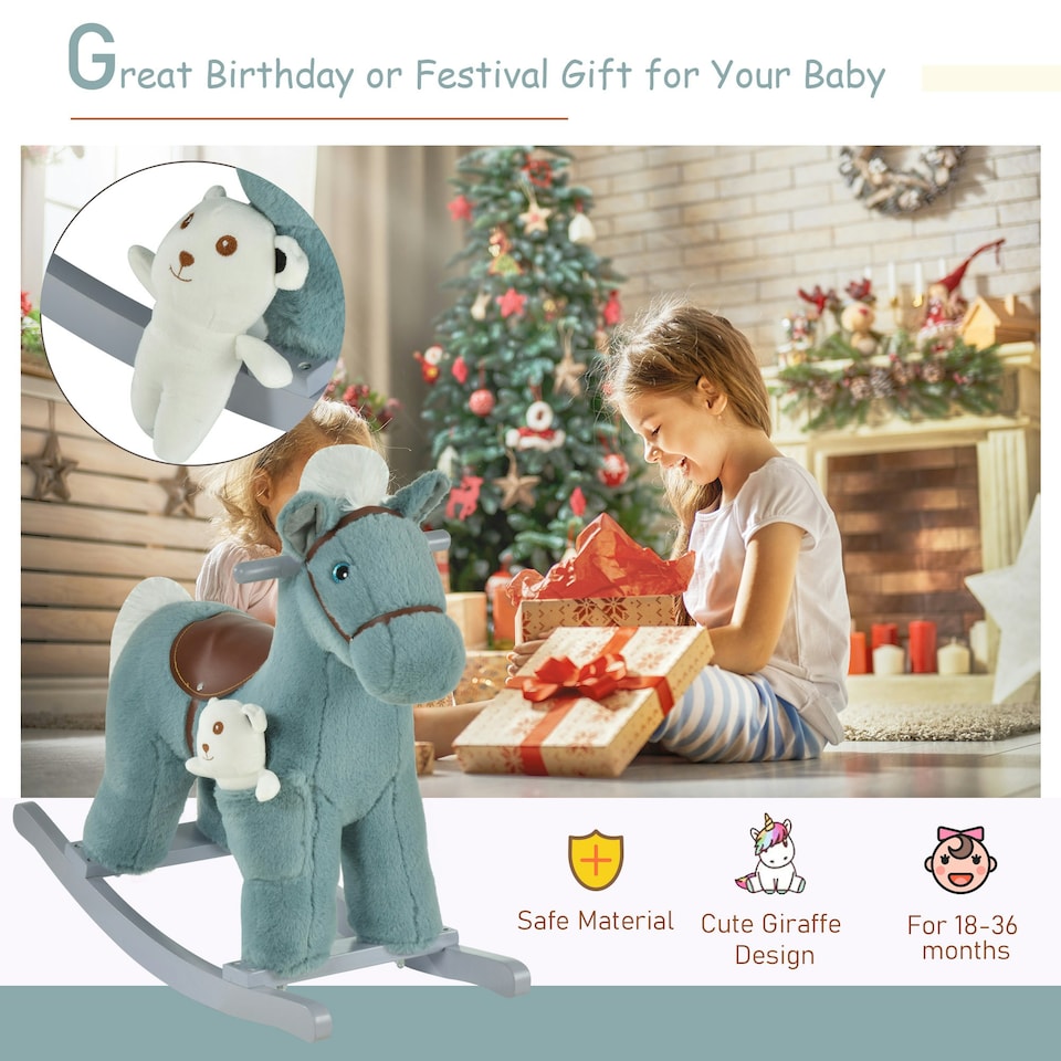 image 1 of HOMCOM Kids Plush Ride-On Rocking Horse with Plush Toy Sound Handle Grip