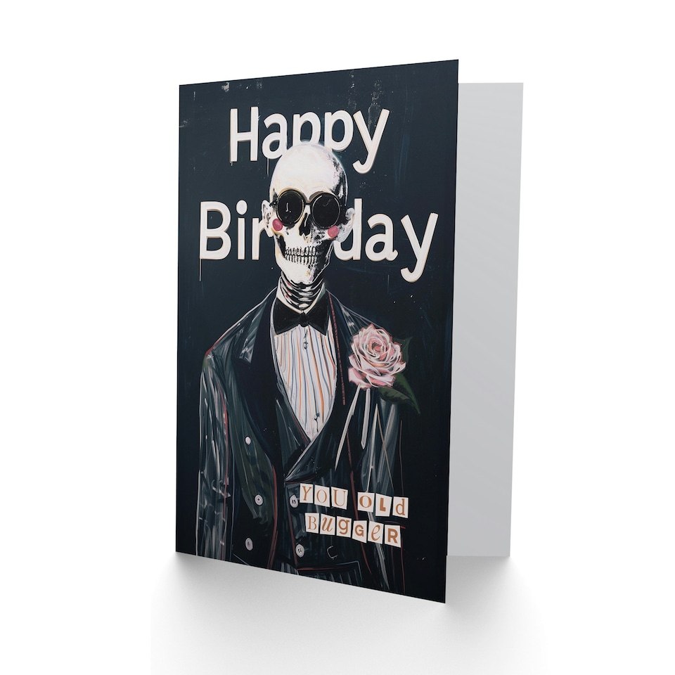 image 1 of Old Bugger Tuxedo Suit Rose Skeleton Age Grandpa Papa Birthday Card