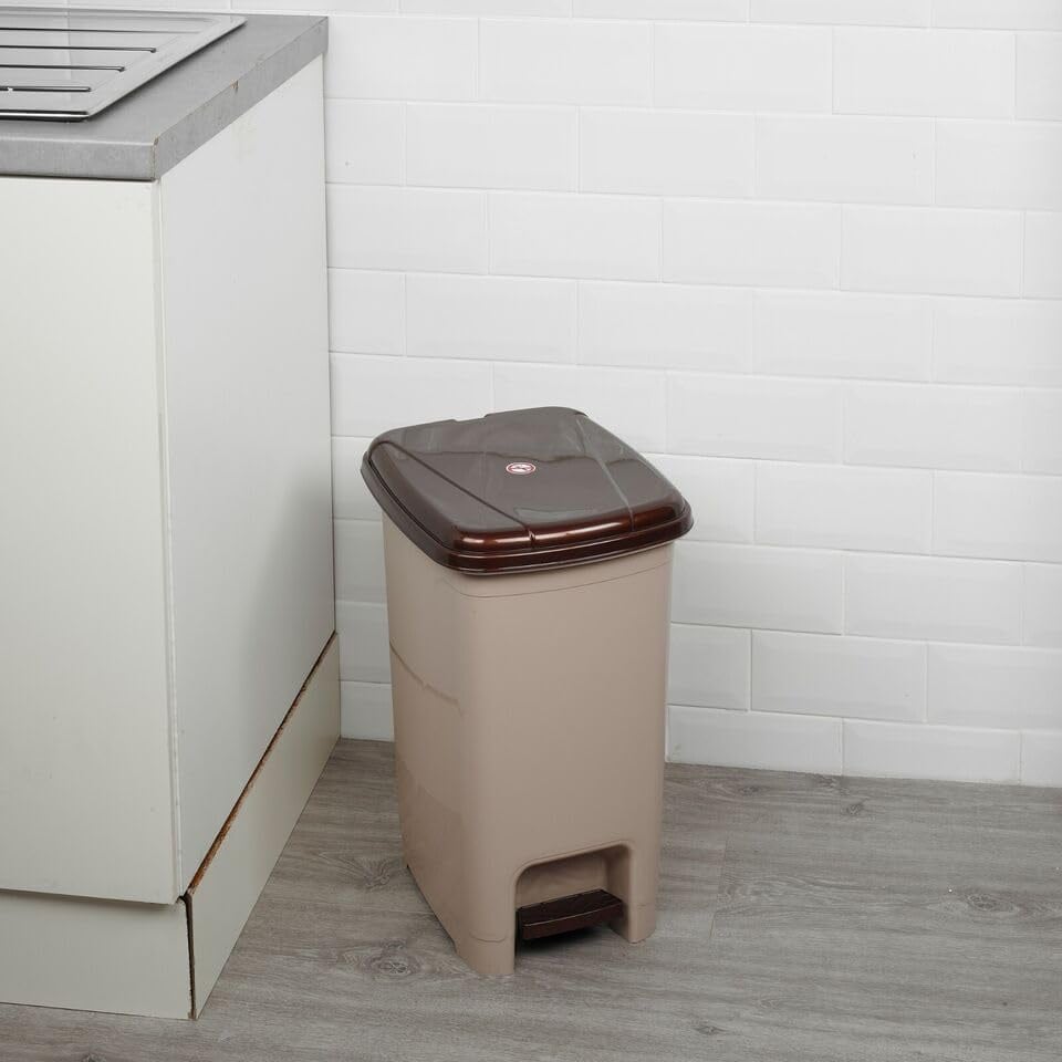 image 1 of Slim Pedal Waste Recycling Bin Can Insert Step On Lid Kitchen Bathroom | Brown | 25L Cappuccino