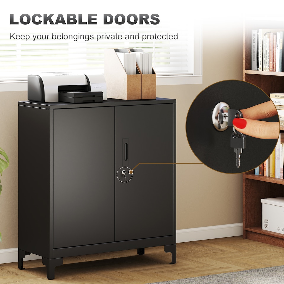 image 1 of HOMCOM Lockable Metal Filing Cabinet, 2-Tier Storage Cupboard | Black | Black | 80 x 35 x 91 cm
