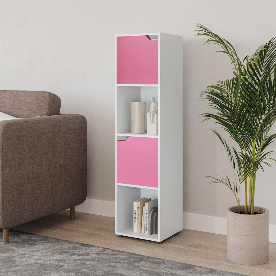 image 1 of 4 -Cube Tall Shelving Unit With Wooden Doors | White | White & Pink | 1