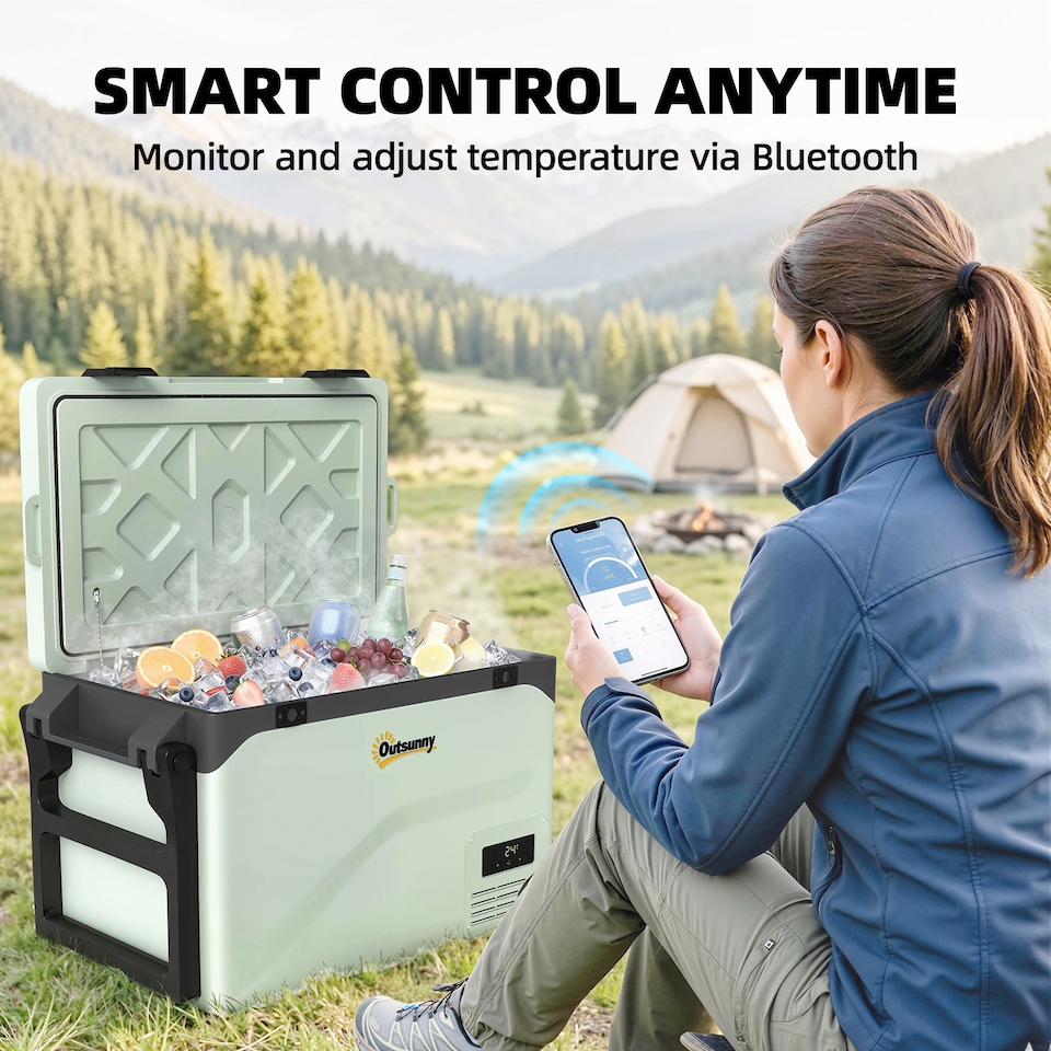 image 1 of Outsunny 42.5L Compressor Car Fridge Freezer, Camping Refrigerator | Green | Green, Black | 72.6 x 42.2 x 50 cm