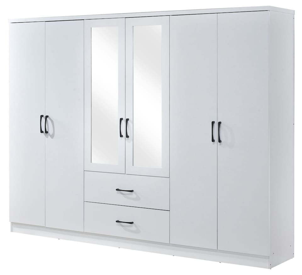 image 1 of Paddington 6 Door 2 Drawer Mirrored Wardrobe | White | Black Handles