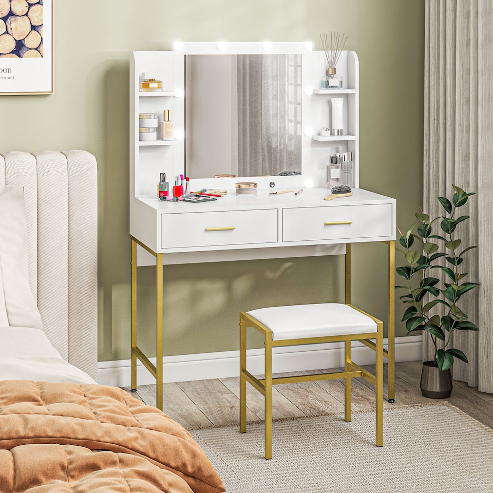 image 1 of HOMCOM Dressing Table with Lighted Mirror, Cushioned Stool, Drawers, Shelves, LED Makeup Vanity Desk Set, Modern Dresser Vanity Table for Bedroom, White