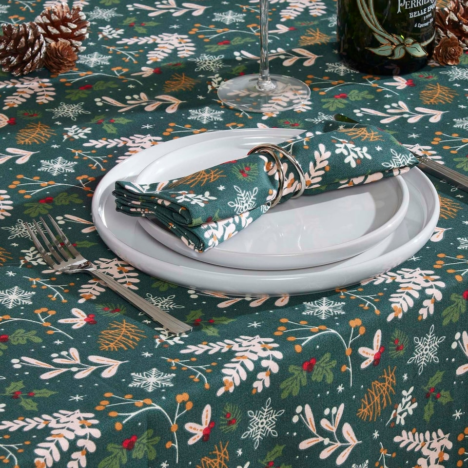 image 1 of Homescapes Festive Forest 100% Cotton Green Christmas Tablecloth - 137 x 229 cm | Green | 137cm x 229cm (54" x 90")