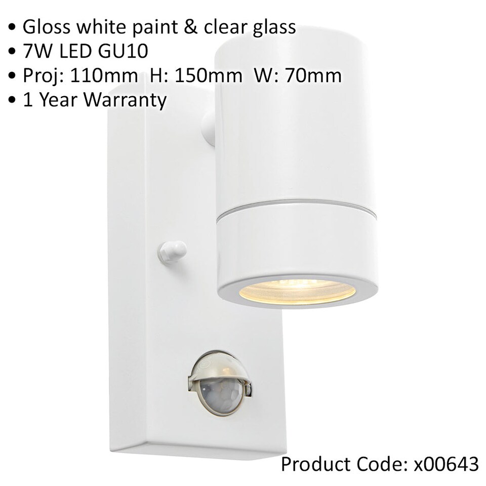 image 1 of Outdoor IP44 Wall Downlight with PIR Sensor - 7W GU10 LED - Gloss White