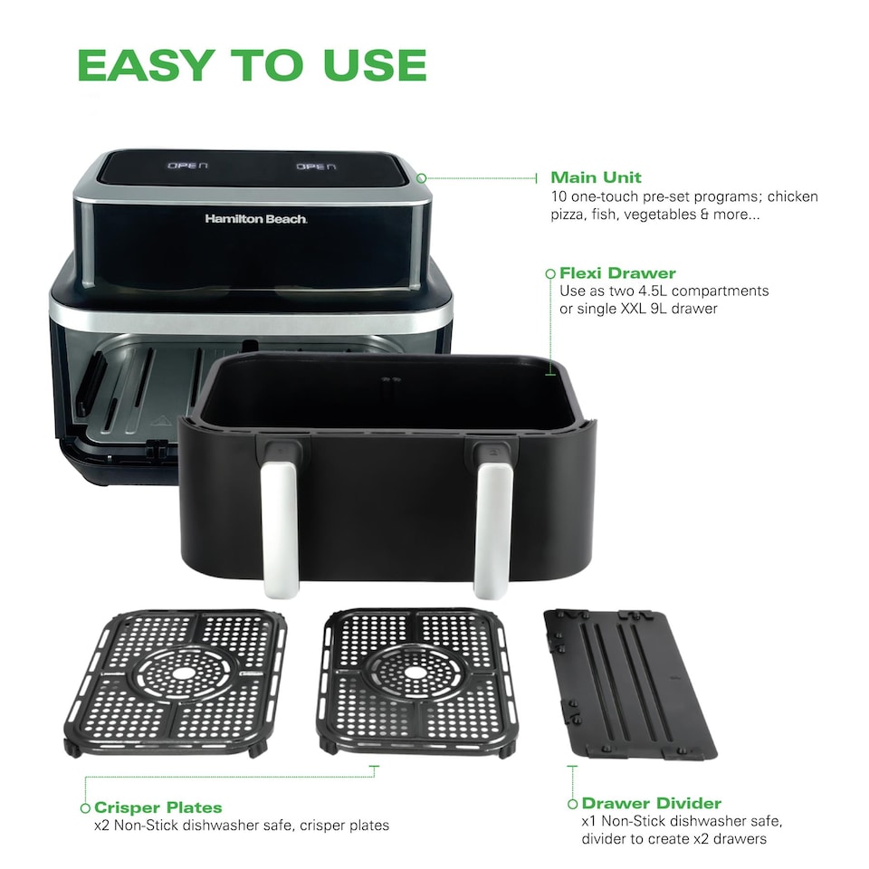 image 1 of Hamilton Beach Air Fryer, 9L, Dual, VisionCook, 2600W, Vision Window, 10 One Touch Presets, Vortex Technology, Match Cook, Smart Finish, Dishwasher Safe, Roast, Bake, Dehydrate, Black - HB700VCGS