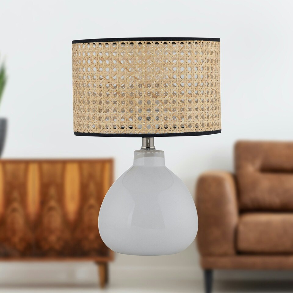 image 1 of First Choice Lighting Tuscan White Ceramic Lamp with Natural Cane Shade White | Brown