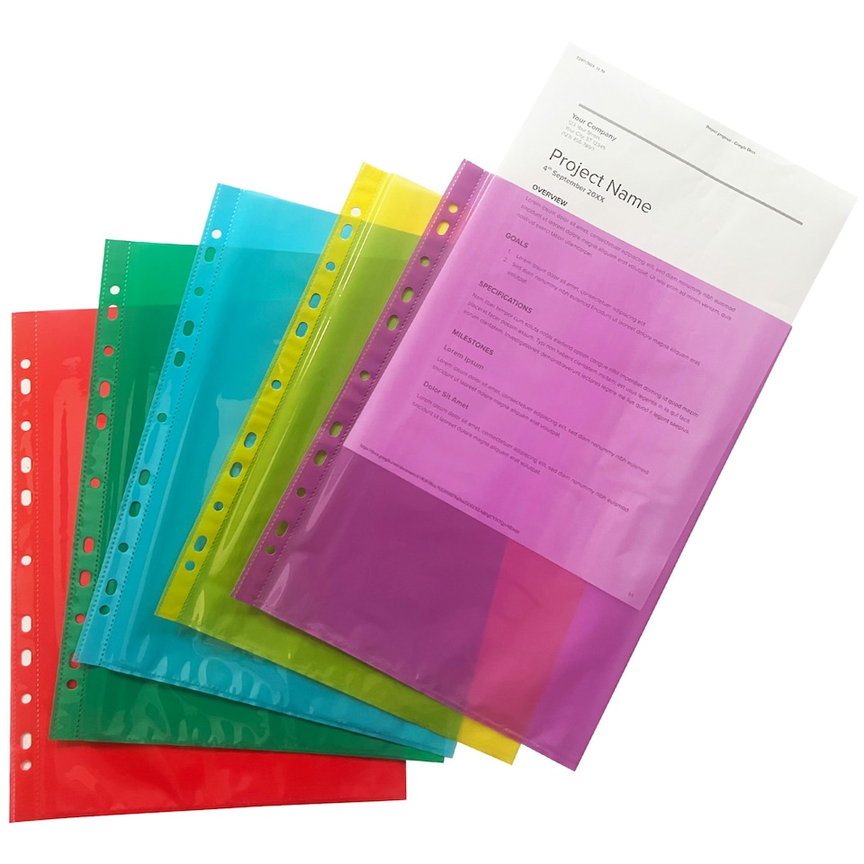 image 1 of Pack of 50 A4 Assorted Colour Punched Pockets by Janrax