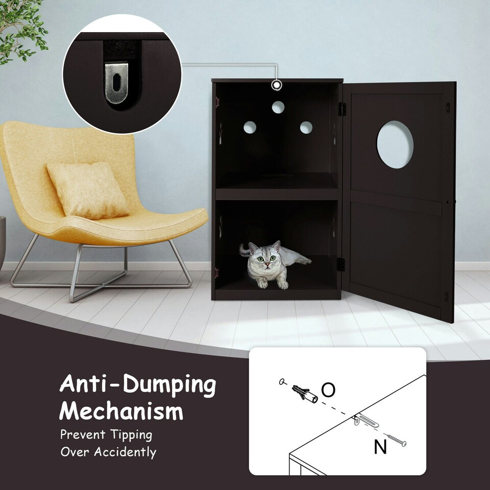 image 1 of COSTWAY 2-Tier Cat House Litter Box Enclosure Storage Cabinet Brown