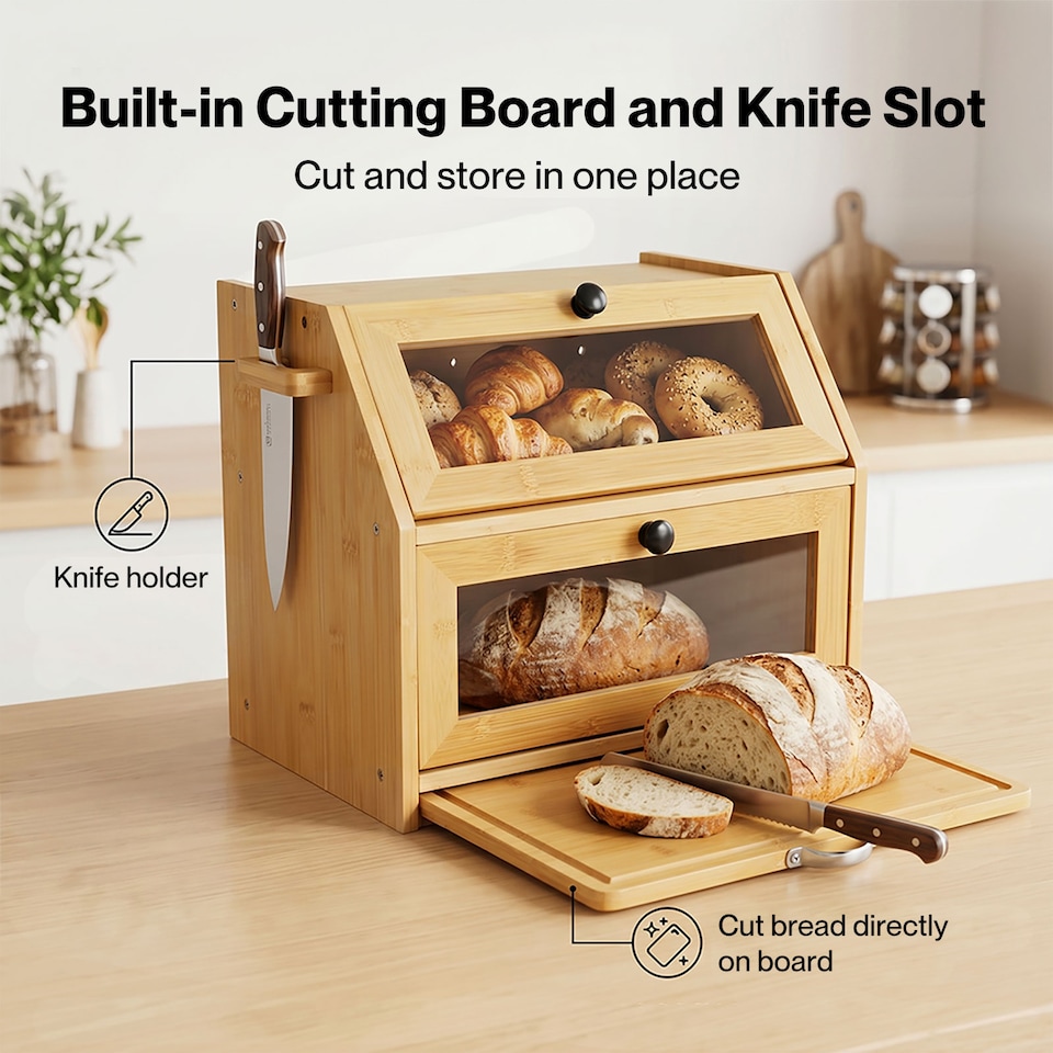 image 1 of TOQUE 33L Bamboo Bread Bin with Cutting Board, Bread Storage Box, Natural