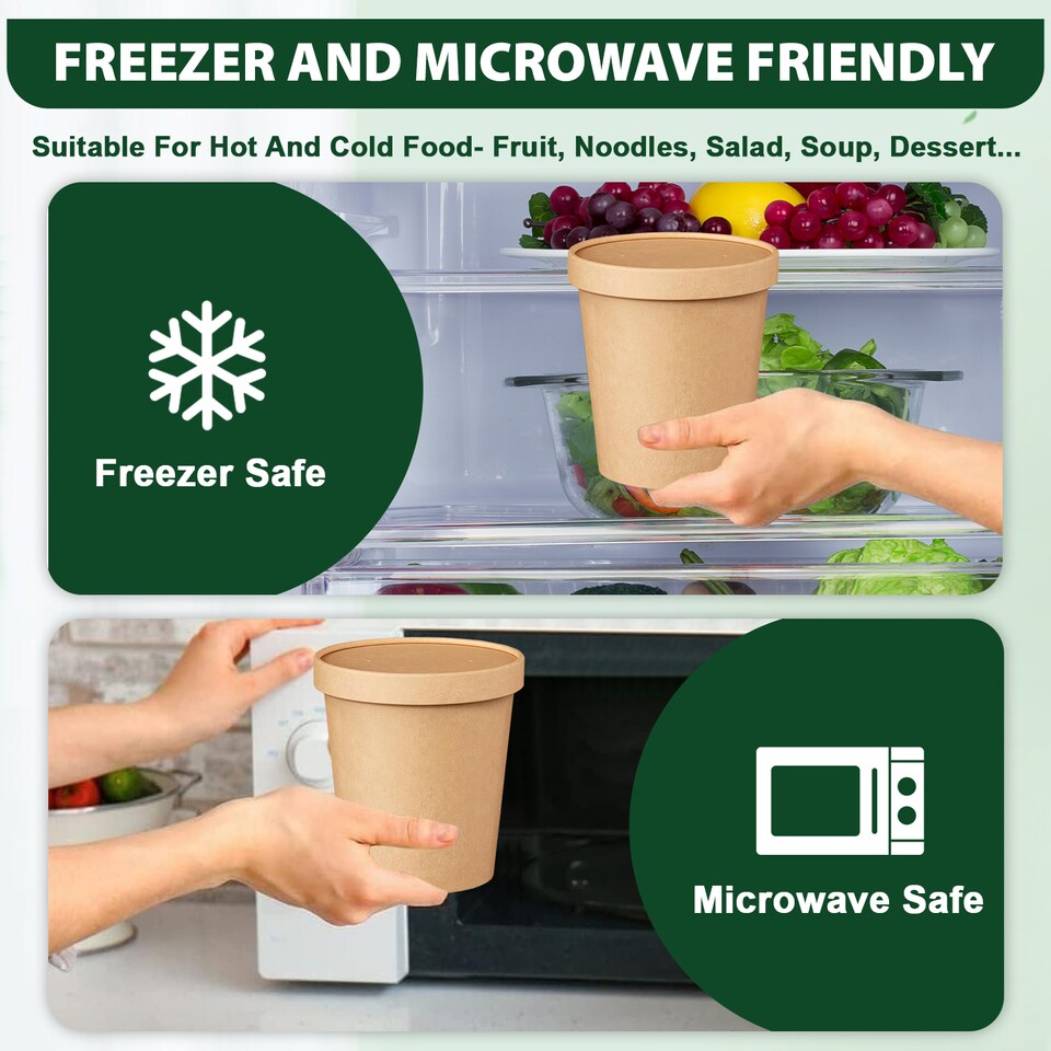 image 1 of ECONX 26oz Kraft Disposable Paper Soup Cups Food Containers with Lids Takeaway Tubs 50pc