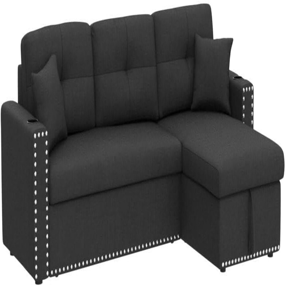 image 1 of Sofabed 3 Seater Reversible Sectional Sofa Sleeper Set with Storage Chaise, Built-in Cupholder, Decorative Rivets, Pull-out Bed, and Dark Grey Fabric Grey