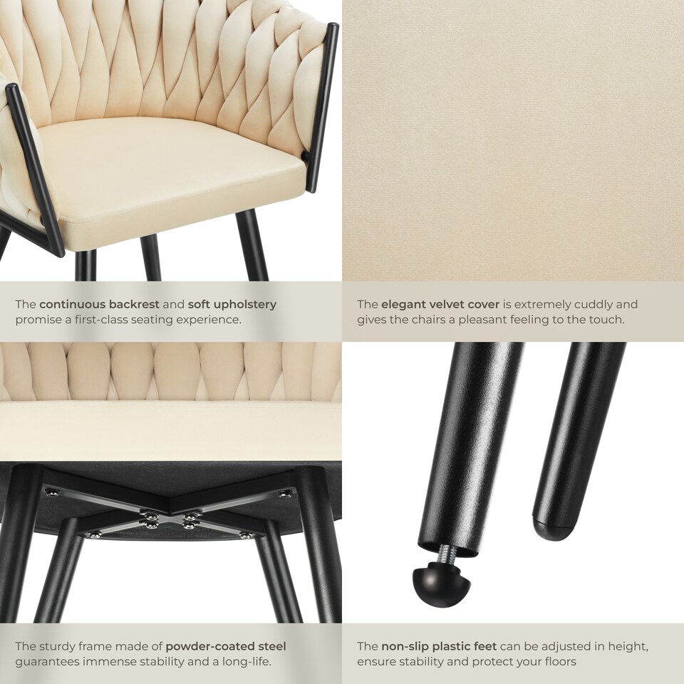 image 1 of Dining Chair Astano - padded, velvet, knot design, continuous backrest | Cream | sand | 6