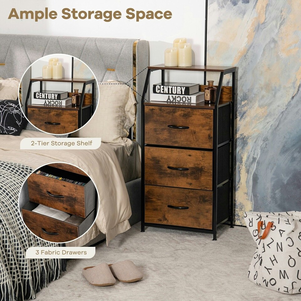image 1 of COSTWAY 3-Drawer Storage Dresser Organizer W/ Fabric Drawers Brown