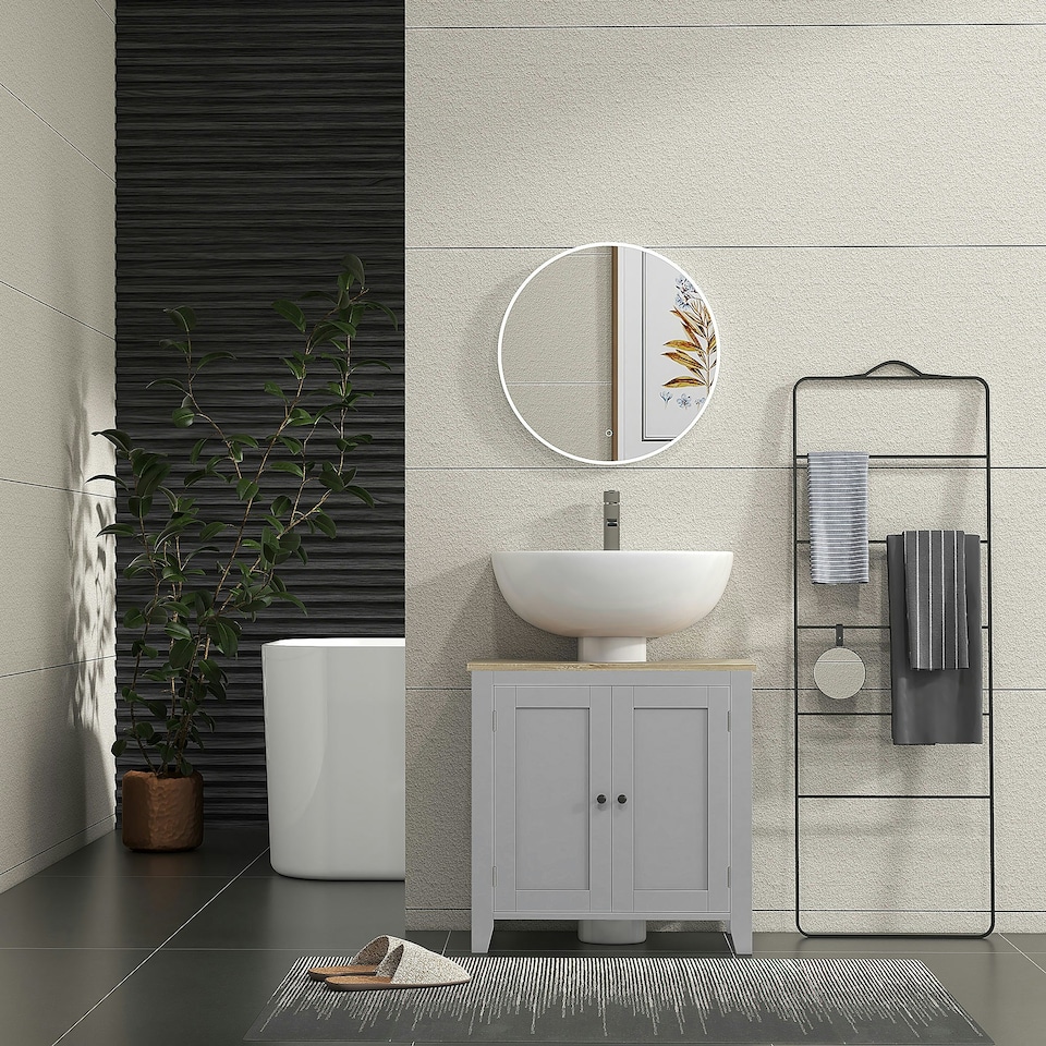 image 1 of kleankin Bathroom Pedestal Under Sink Cabinet with Adjustable Shelf, Grey Grey
