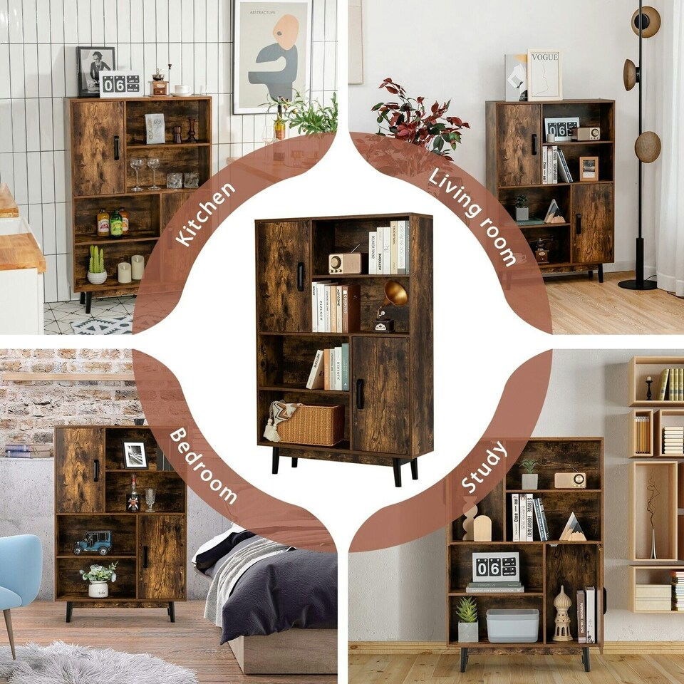 image 1 of COSTWAY Freestanding Wooden Sideboard Storage Cabinet with 2 Doors Brown