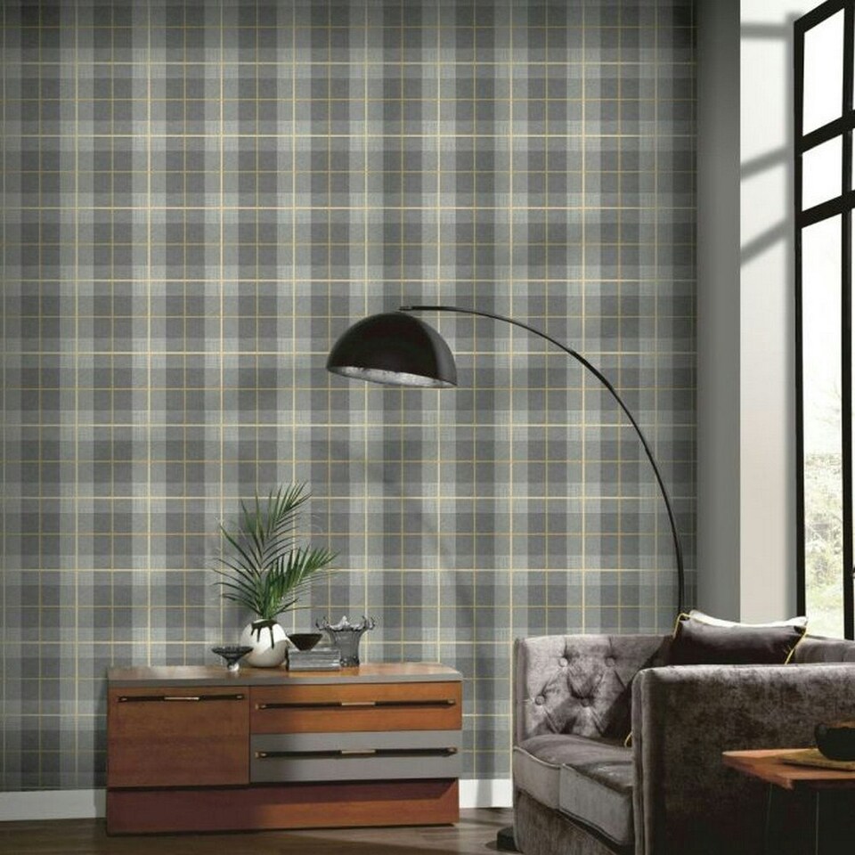 image 1 of Arthouse Heritage Tartan Textured Wallpaper - Ochre/Grey - 10m x 53cm Yellow