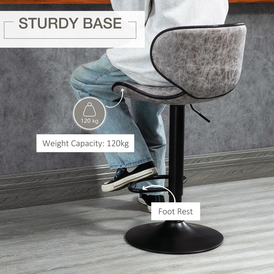 image 1 of HOMCOM Bar Stool Set of 2 Microfiber Cloth Adjustable Height Armless Chairs with Swivel Seat, Grey