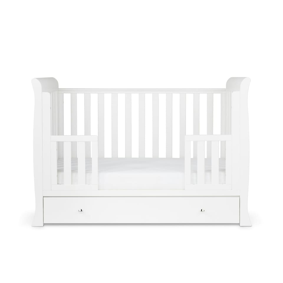 image 1 of Snowdon Mini Cot Bed, Premium Sprung Mattress & Underdrawer – Sleigh Style, Convertible Baby Cot to Toddler Bed, Adjustable Base (White)