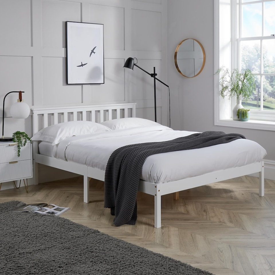 image 1 of Double Pine Solid Wood Bed 4ft6 White Low End Slatted Base Headboard Furniture