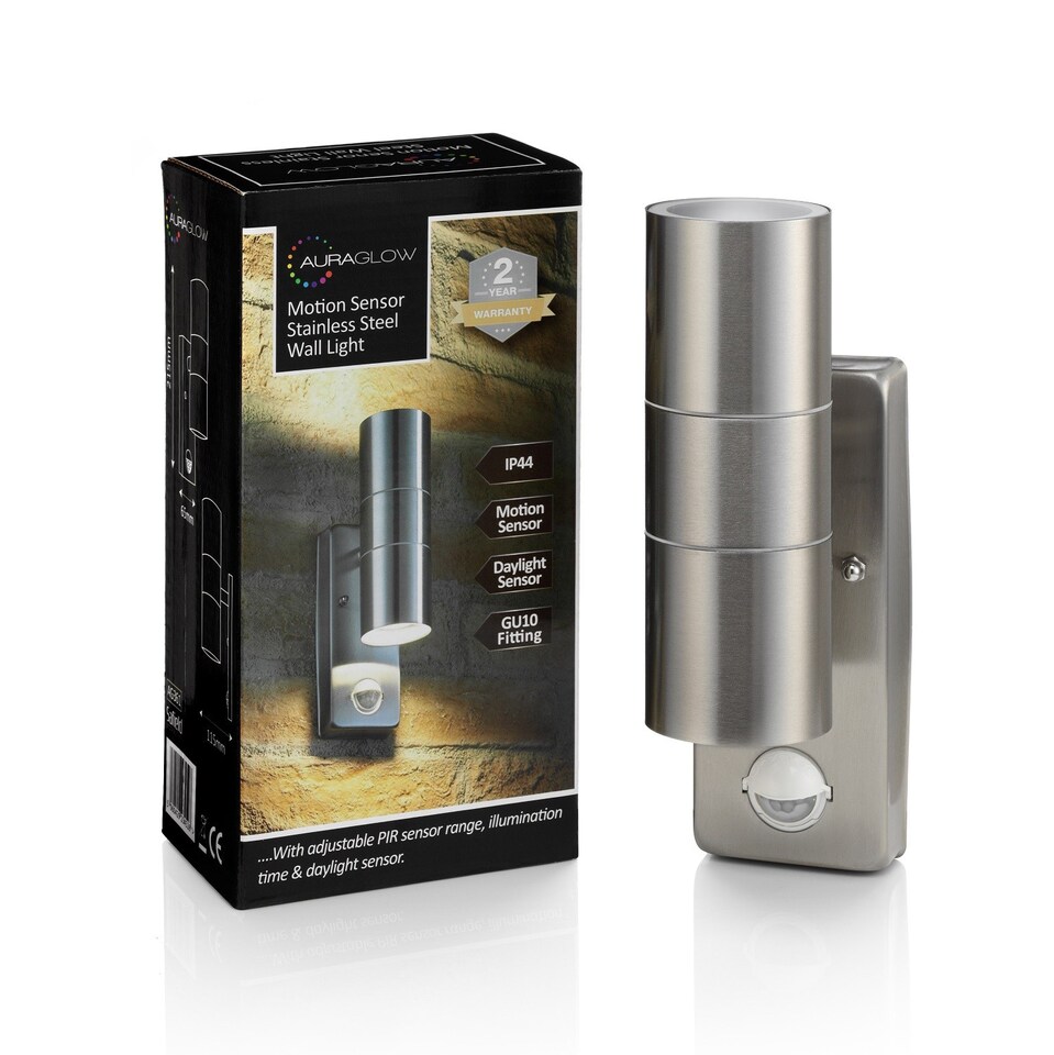 image 1 of Auraglow PIR Motion Sensor Up & Down Outdoor Wall Security Light - WARMINSTER - Stainless Steel | Silver | Stainless Steel/Warm White